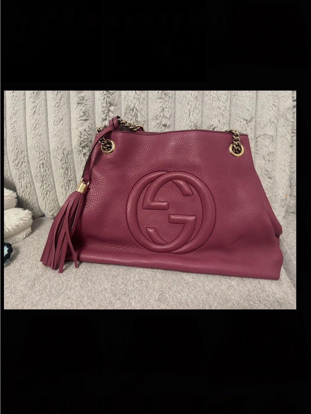 Gucci Pebbled Leather Shoulder Bag in Berry Plum with Tassel